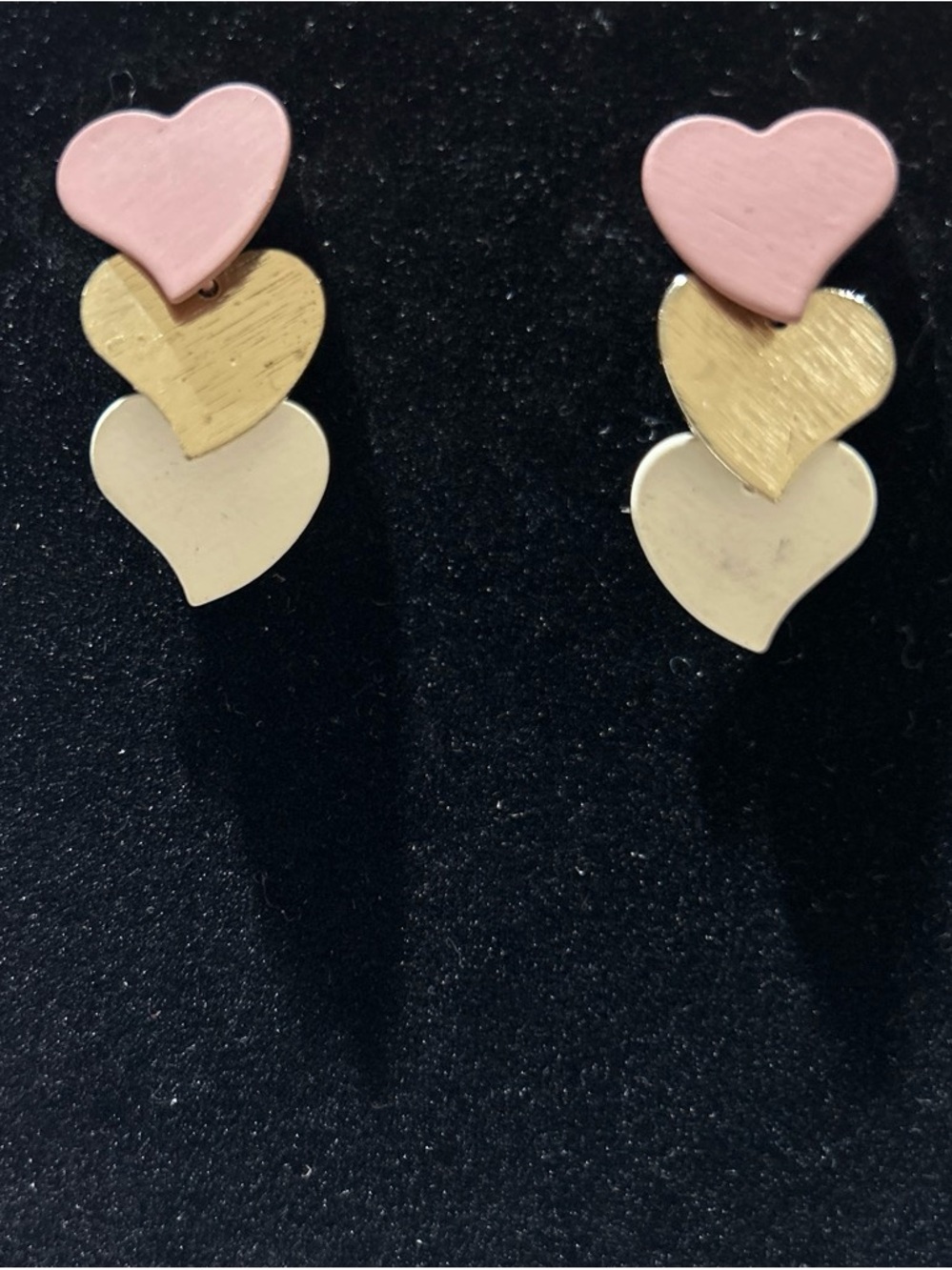 Triple Heart Drop Earrings - Pink, Gold, Cream - Women Jewelry